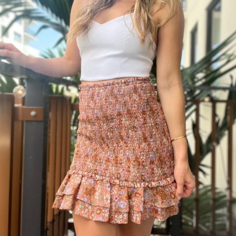 Veronica Beard Melodie Floral-Print Smocked Skirt